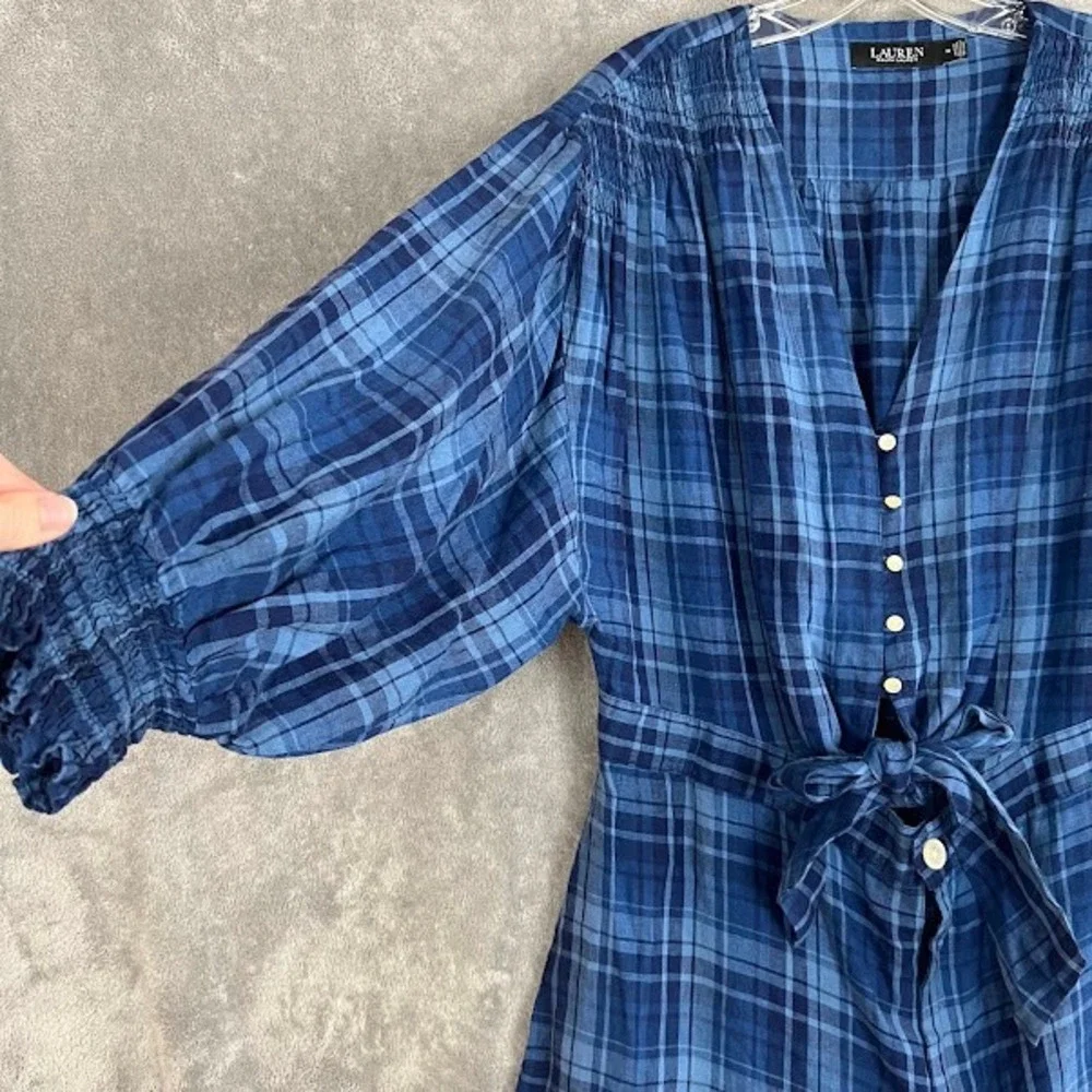 Ralph Lauren Black Label Romper Womens 14 Plaid 100% Linen Boho Cottagecore Boho